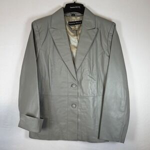 Pamela McCoy Genuine Leather Blazer Jacket Gray Button Front Women's Size M